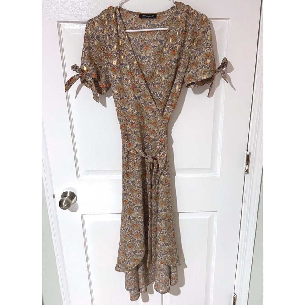 Simplee Floral Gold Foil Wrap Dress V-Neck Tie Sleeve Midi Small